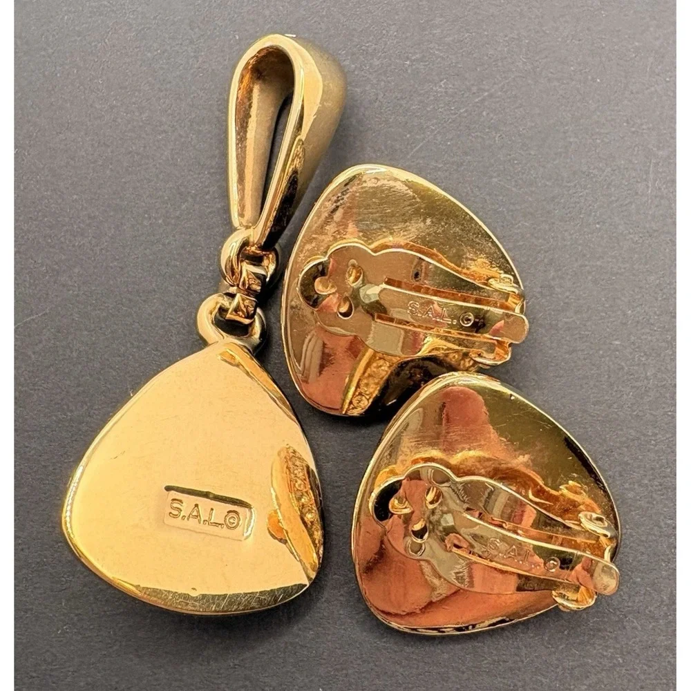 Vintage Swarovski SAL Crystal Pendant Clip‎ Earrings Set Gold Tone Glossy Black